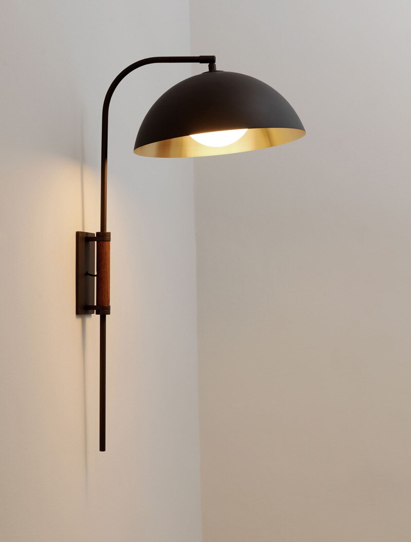 Clasp Wall Lamp shown in Maker Black, Black Walnut, Opal Globe